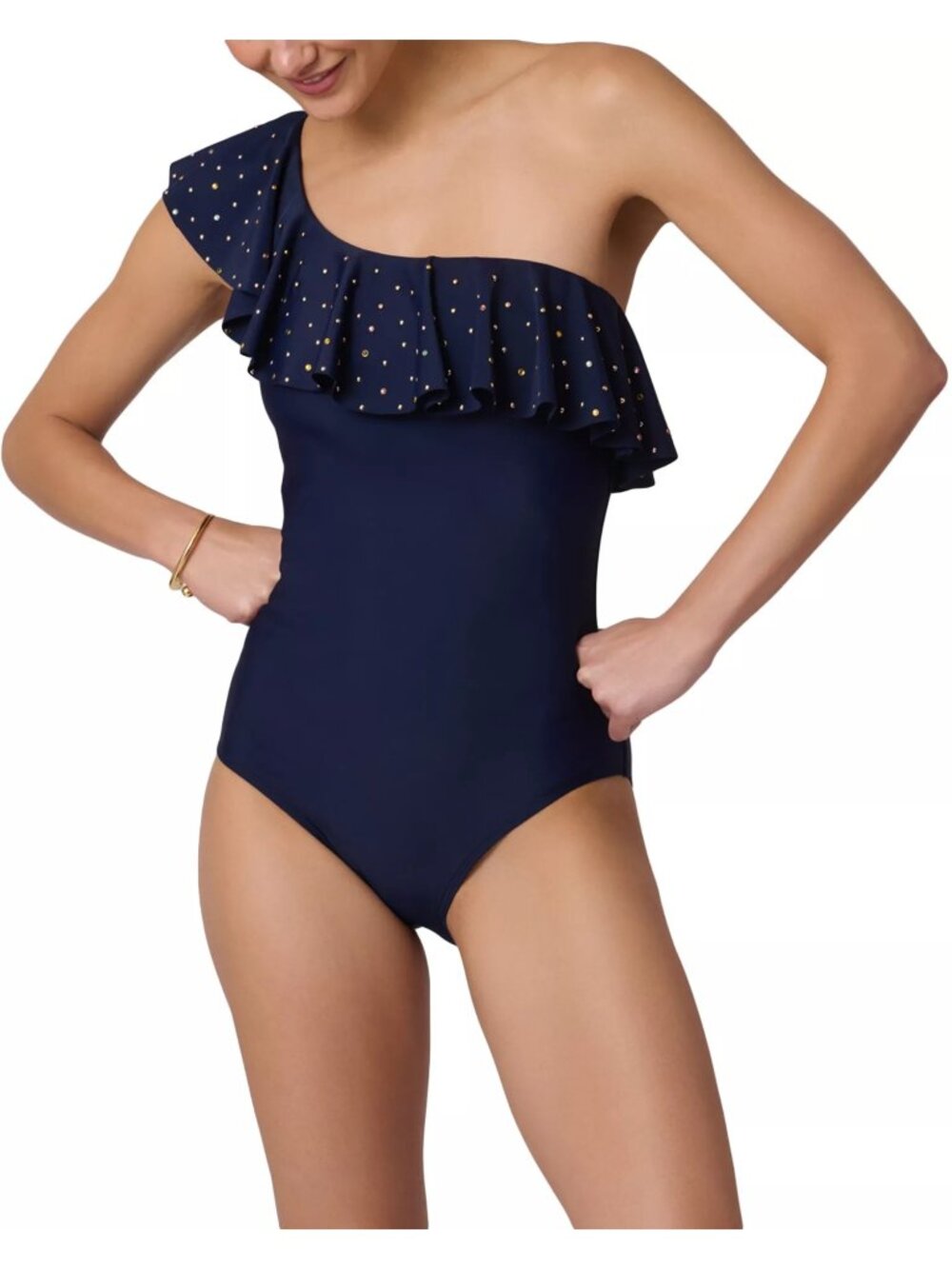 NWT Shoshanna Embellished One Shoulder Ruffle One Piece Swimsuit Navy Size 4